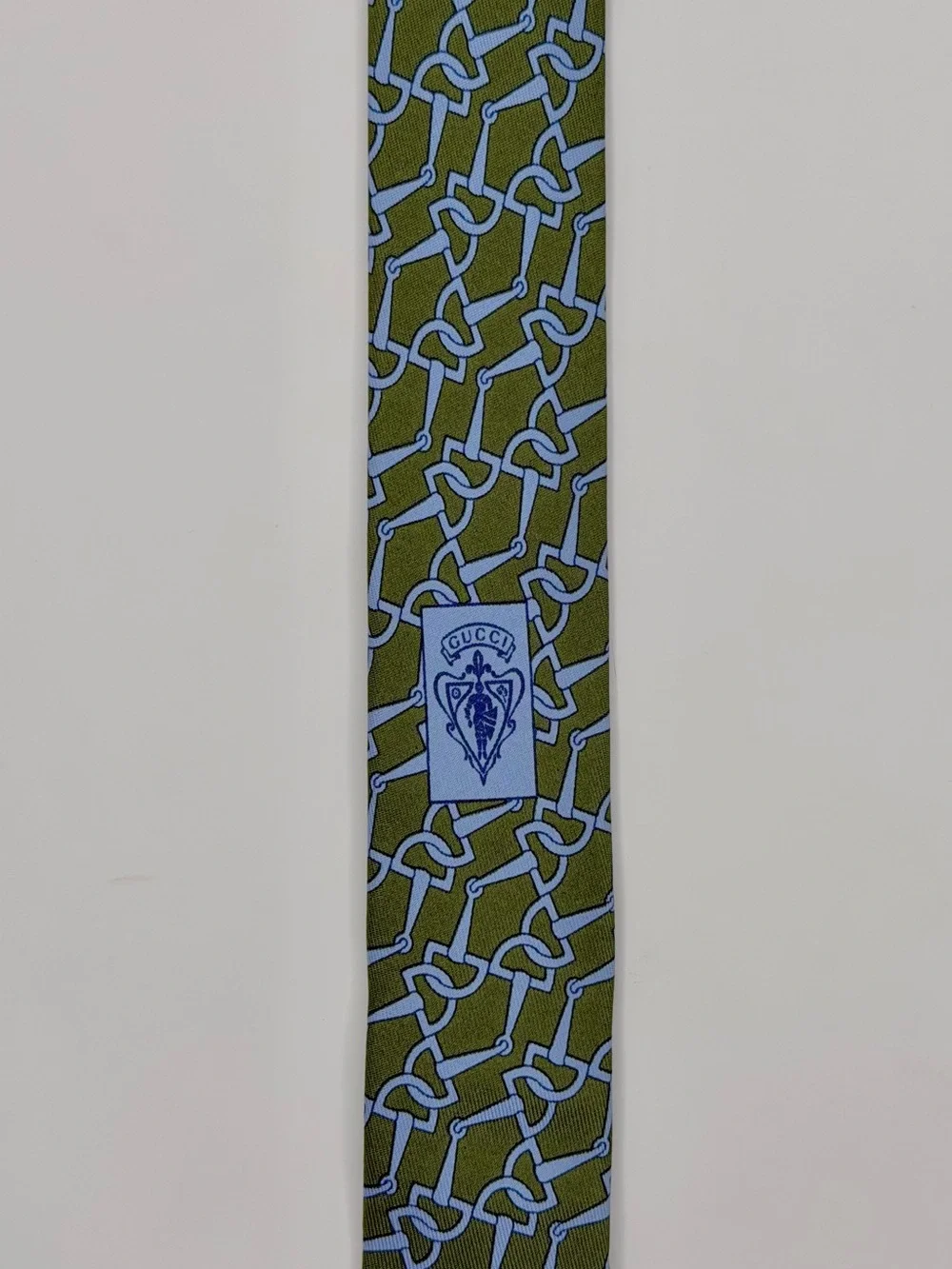 Gucci Men’s Silk Tie Green Blue Horsebit Equestrian Print Made in Italy Luxury